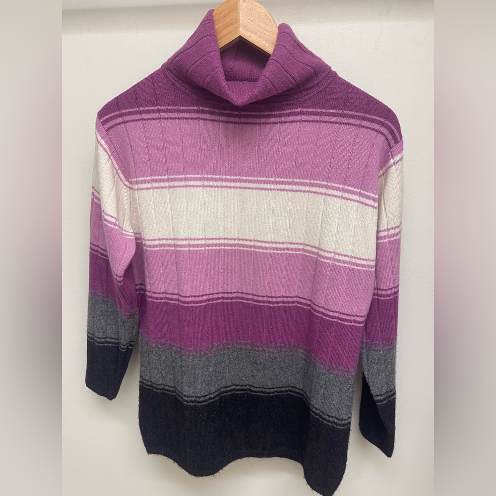 Randy Kemper purple striped turtleneck 100% cashmere sweater